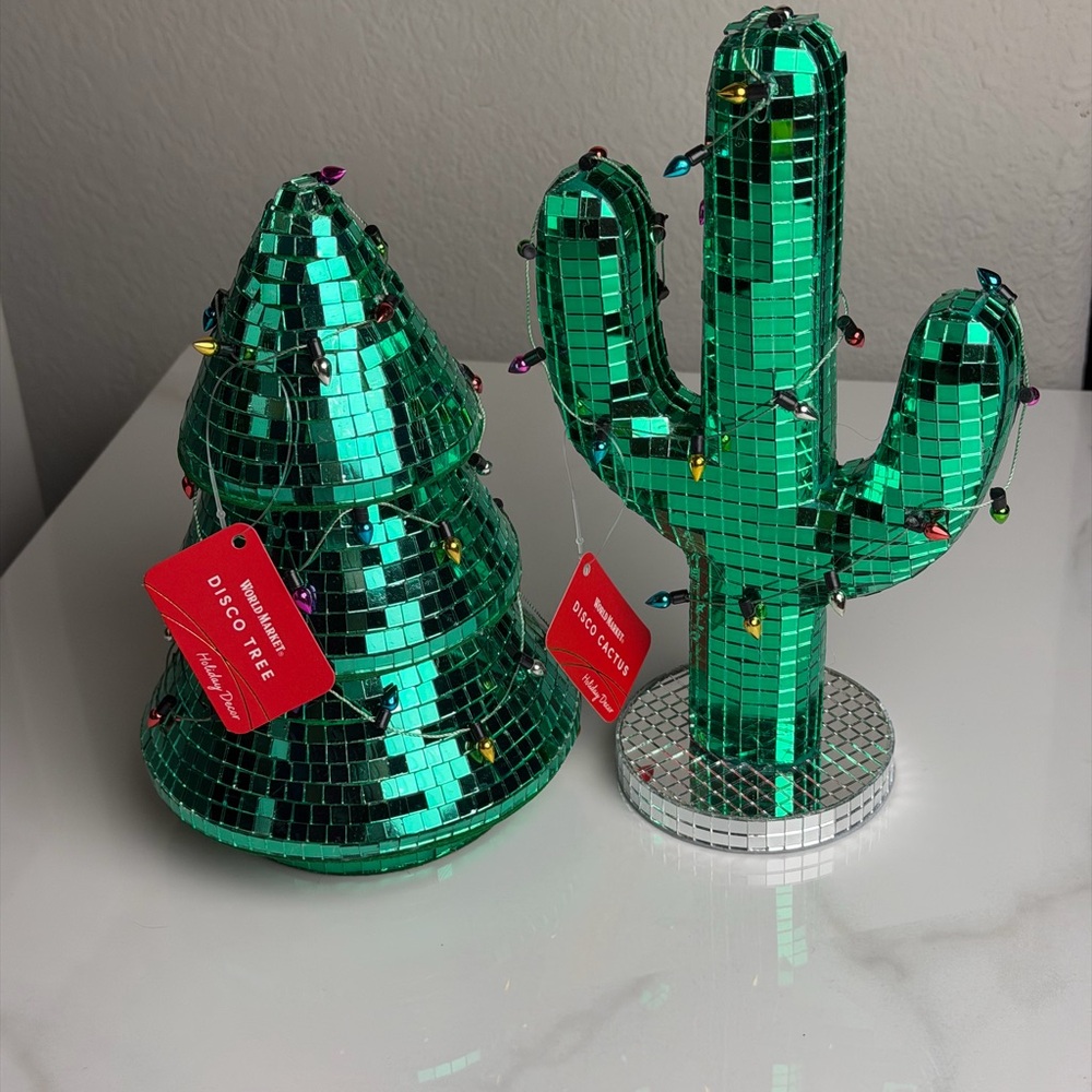 World Market Green Disco Cactus + Christmas Tree Holiday Tabletop Mirror Decor